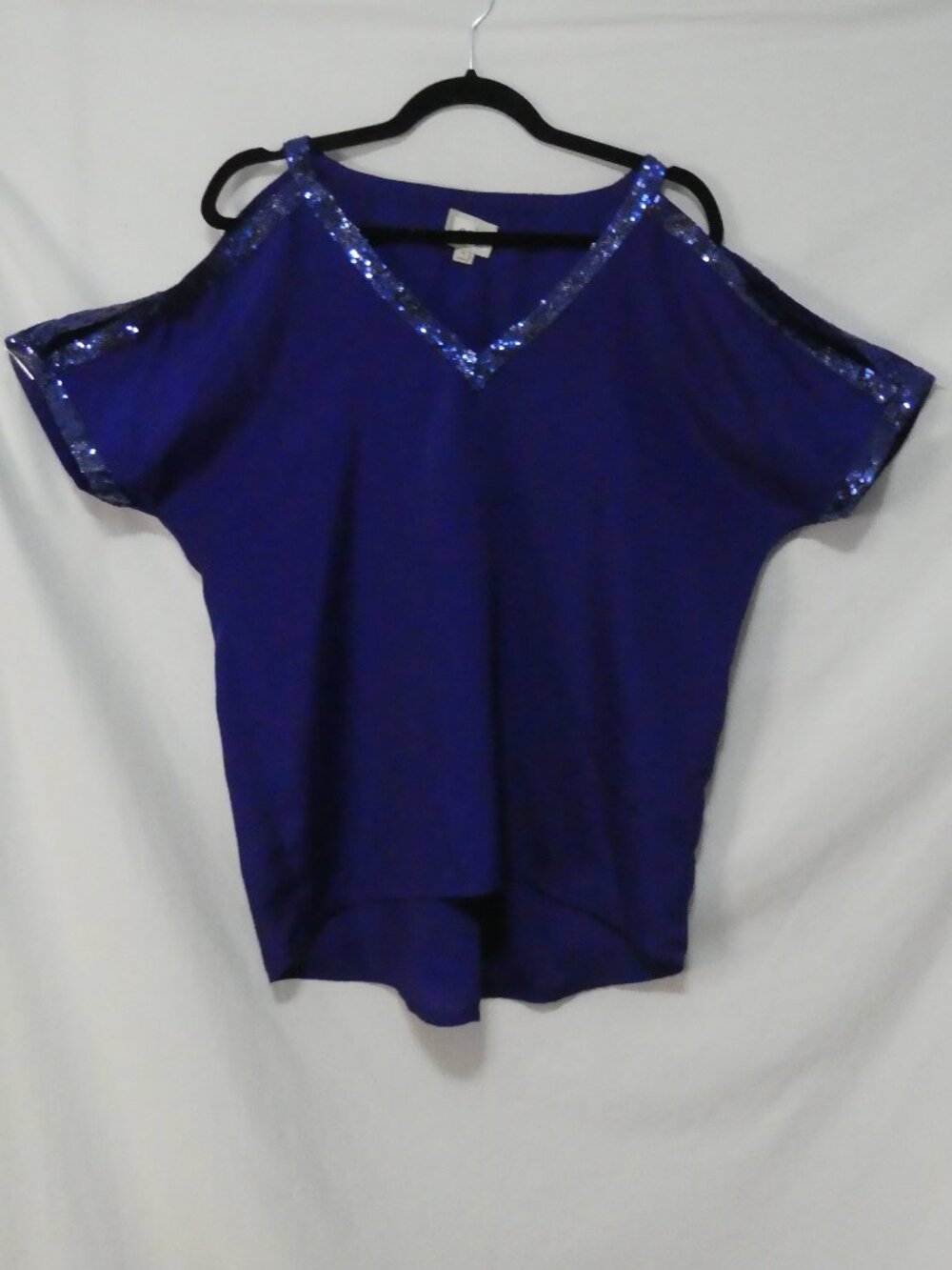 ECI NEW YORK Royal Blue Cold Shoulder Sequin Trim Blouse Top - Size Small